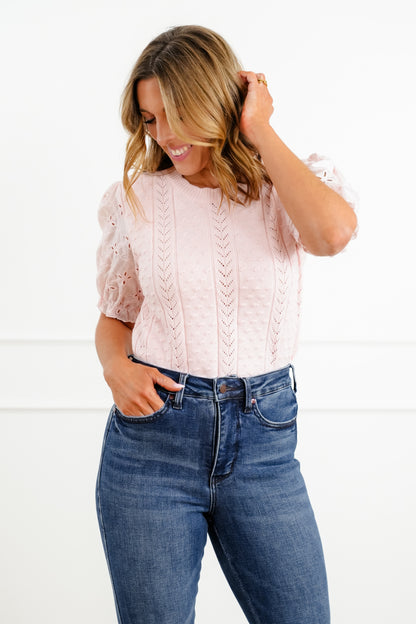 Eyelet Puff Sleeve Knit Top