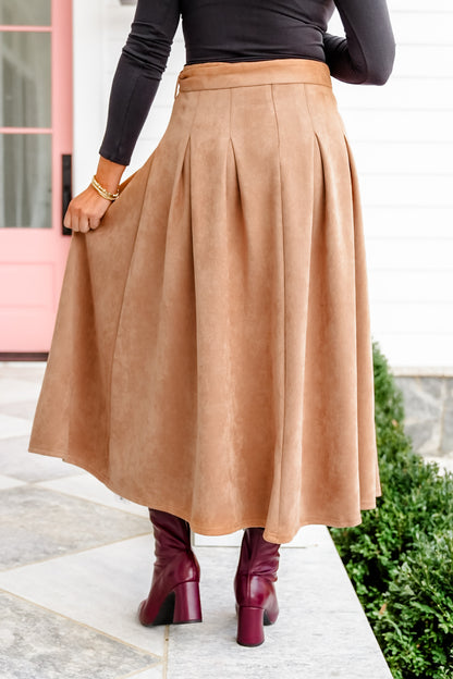 Vegan Suede High-Waist Pleated Midi Skirt with Belt