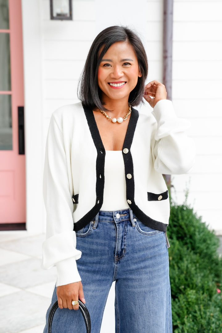 Long Sleeve Button Down Cardigan with Contrast Trim