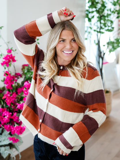 Plus/Reg Stripe Long Sleeve Button Down Cardigan