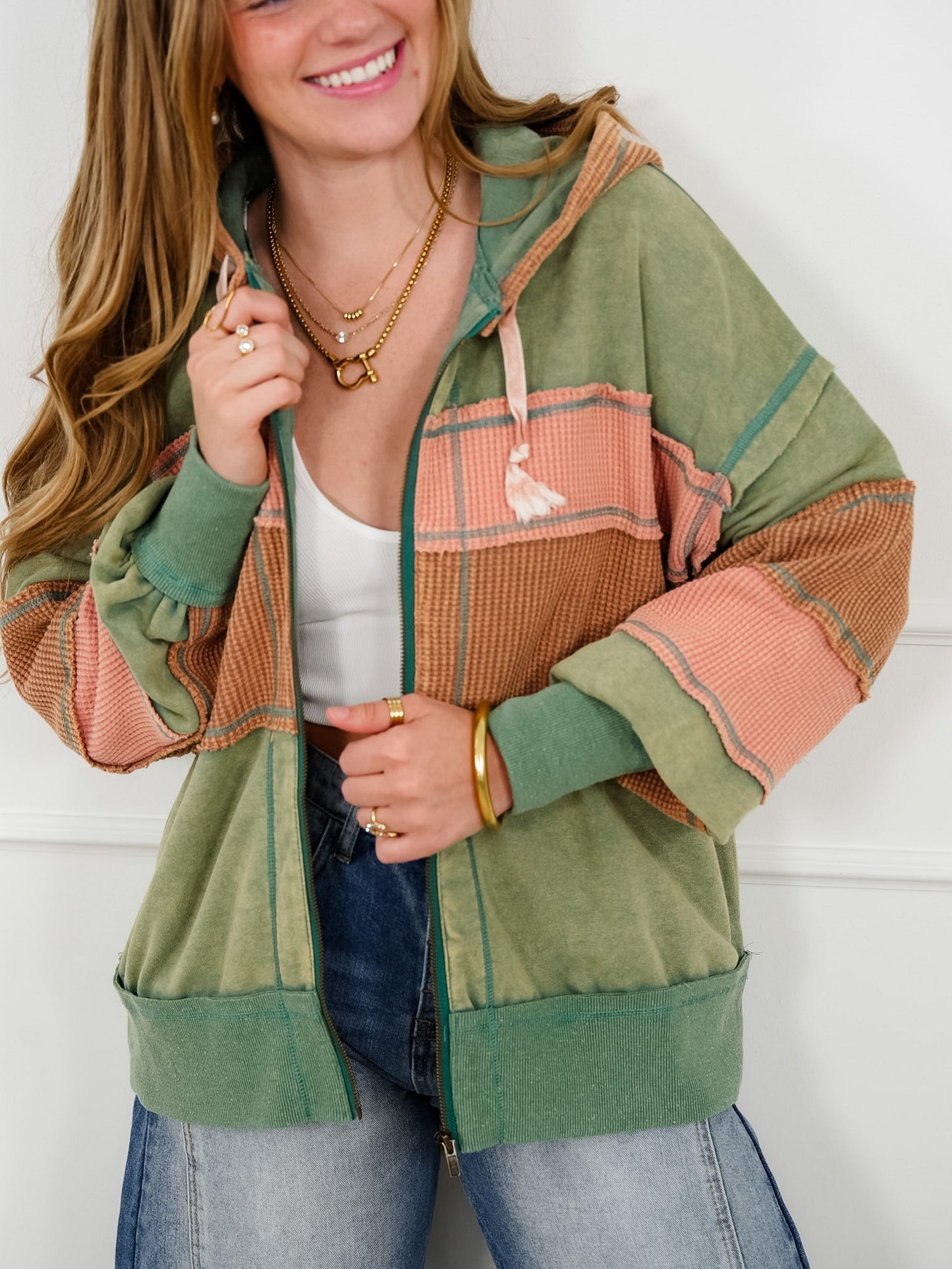Color Block Long Sleeve Zip Up Hoodie Top