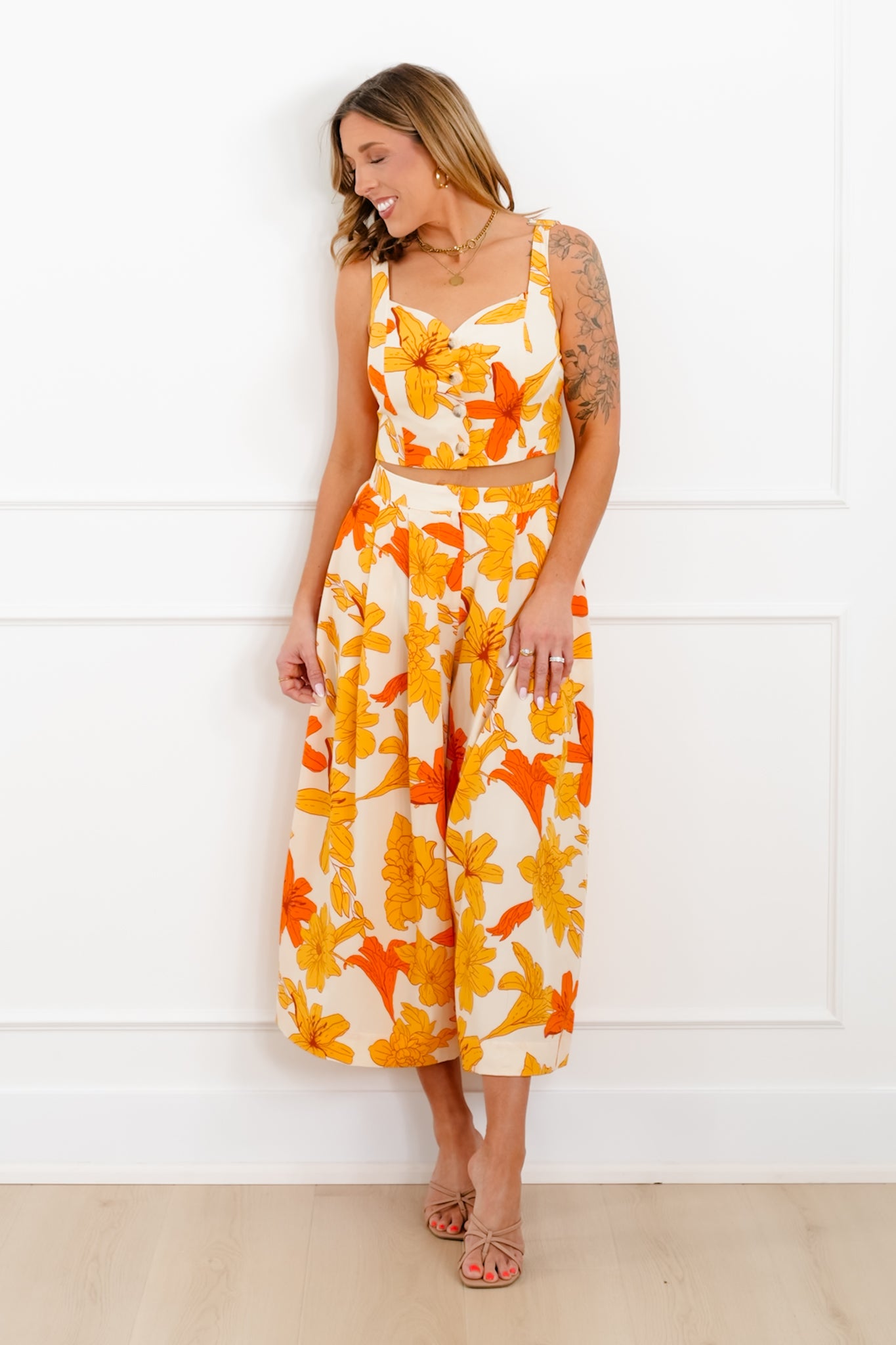 Yellow Floral Print Top and Pants Set