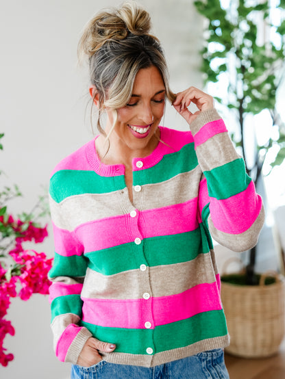 Plus/Reg Stripe Long Sleeve Button Down Cardigan