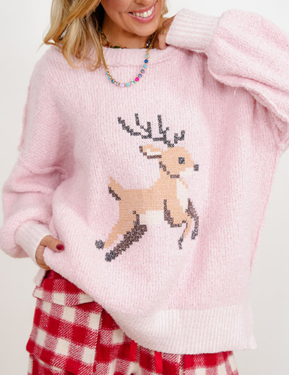 Cross Stitch Deer Long Sleeve Pullover Sweater