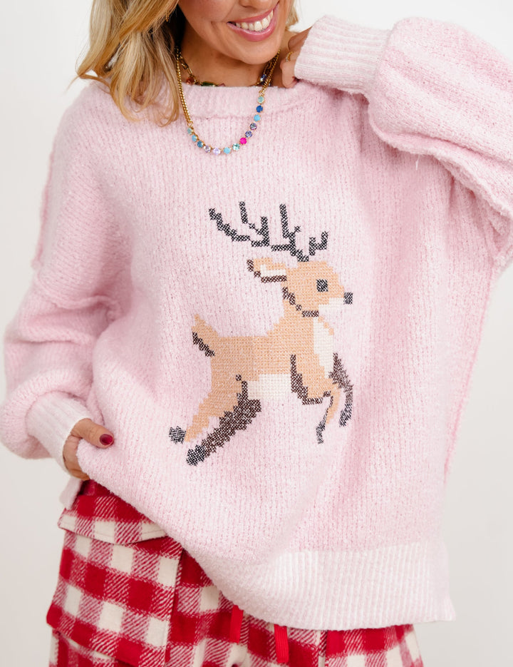Cross Stitch Deer Long Sleeve Pullover Sweater - Freckled Poppy
