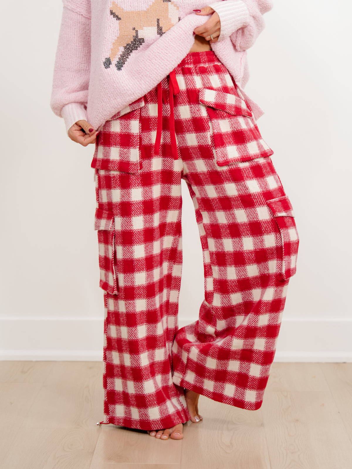 Plus/Reg Buffalo Plaid Wide Leg Cargo Pants - Freckled Poppy