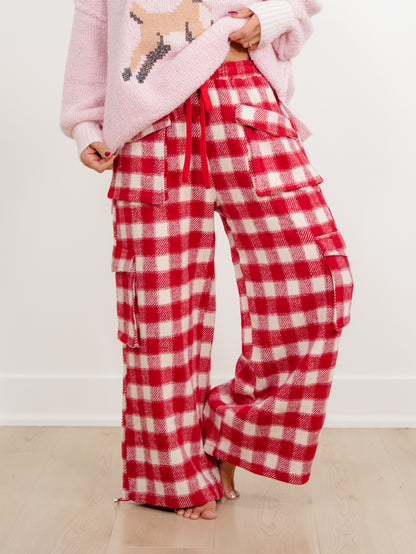 Plus/Reg Buffalo Plaid Wide Leg Cargo Pants - Freckled Poppy
