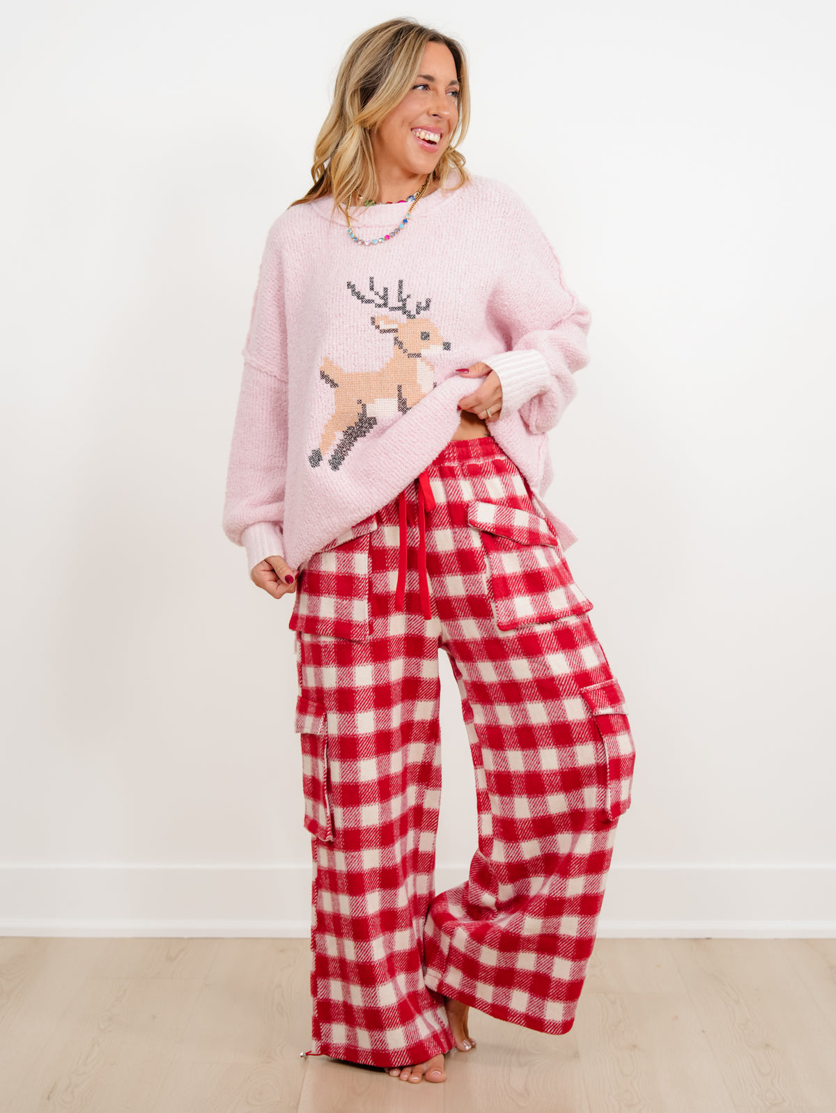 Plus/Reg Buffalo Plaid Wide Leg Cargo Pants - Freckled Poppy