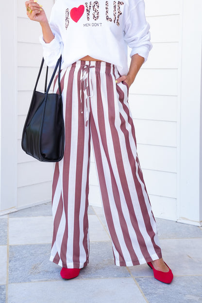 Stripe Elastic Waist Wide Leg Pants