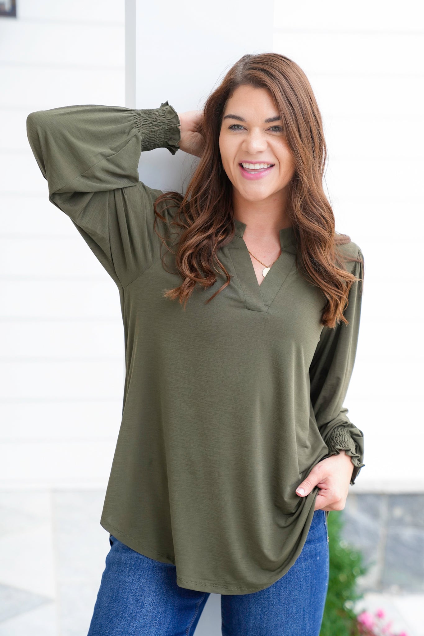 Door Buster! Plus/Reg Solid Long Sleeve Split Neck Tunic Top
