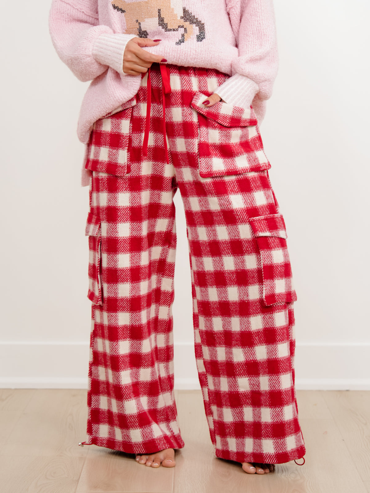 Plus/Reg Buffalo Plaid Wide Leg Cargo Pants - Freckled Poppy