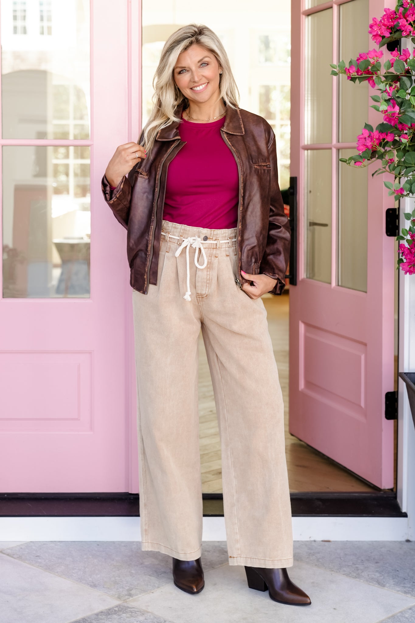 Light Mocha Washed Wide Leg Pants with Drawstring