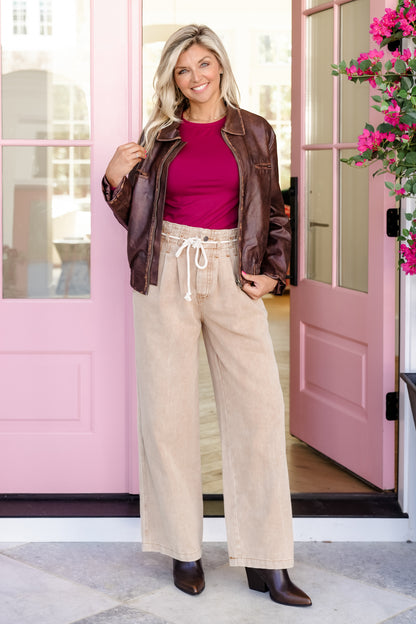 Light Mocha Washed Wide Leg Pants with Drawstring