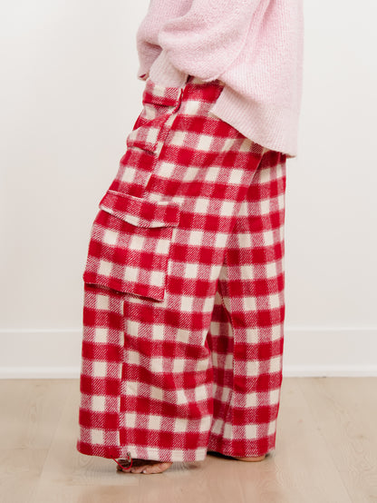 Plus/Reg Buffalo Plaid Wide Leg Cargo Pants - Freckled Poppy