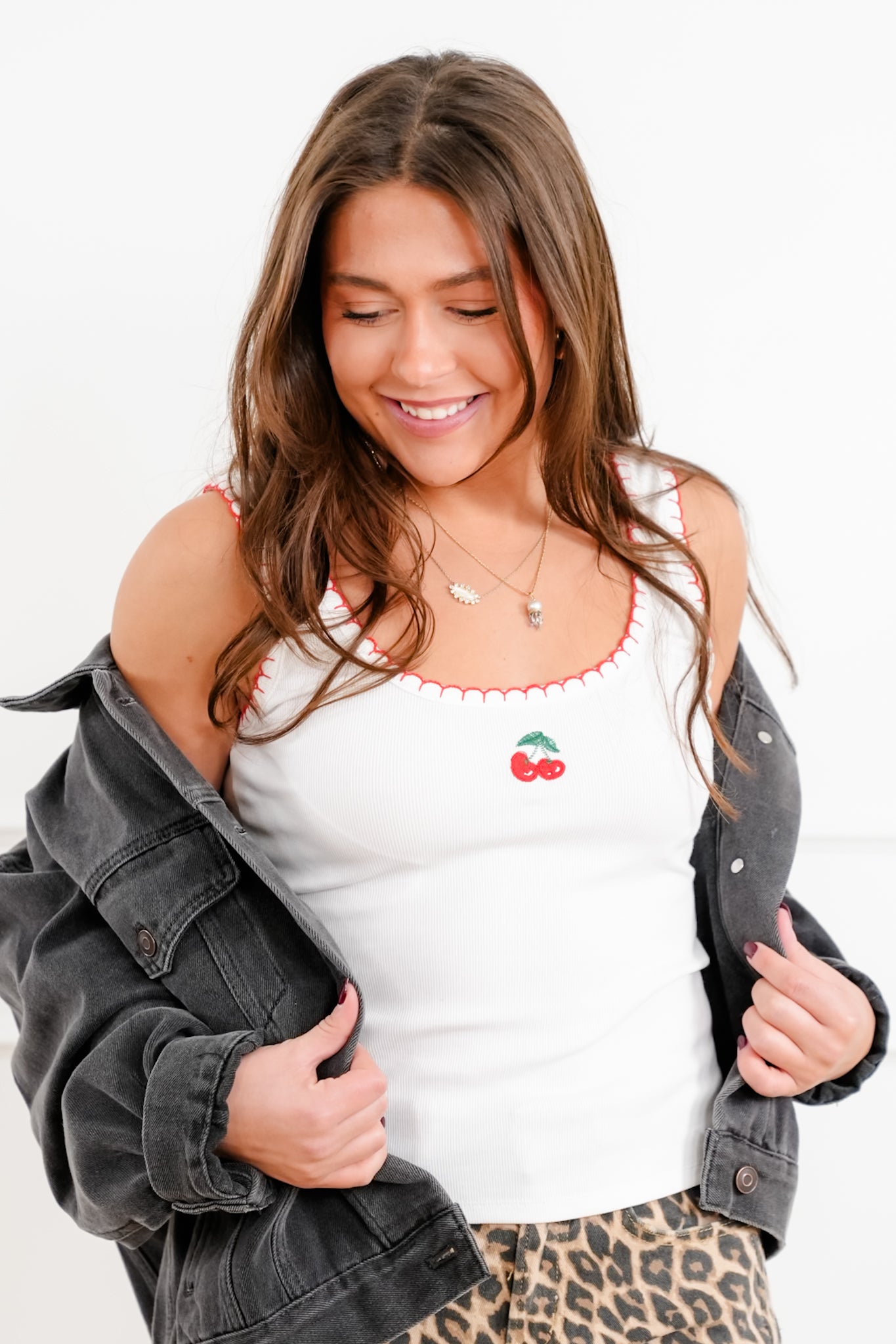 White Embroidered Cherry Tank Top