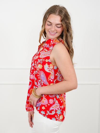 Plus/Reg Paisley Pattern Sleeveless Split Neck Top