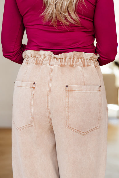 Light Mocha Washed Wide Leg Pants with Drawstring