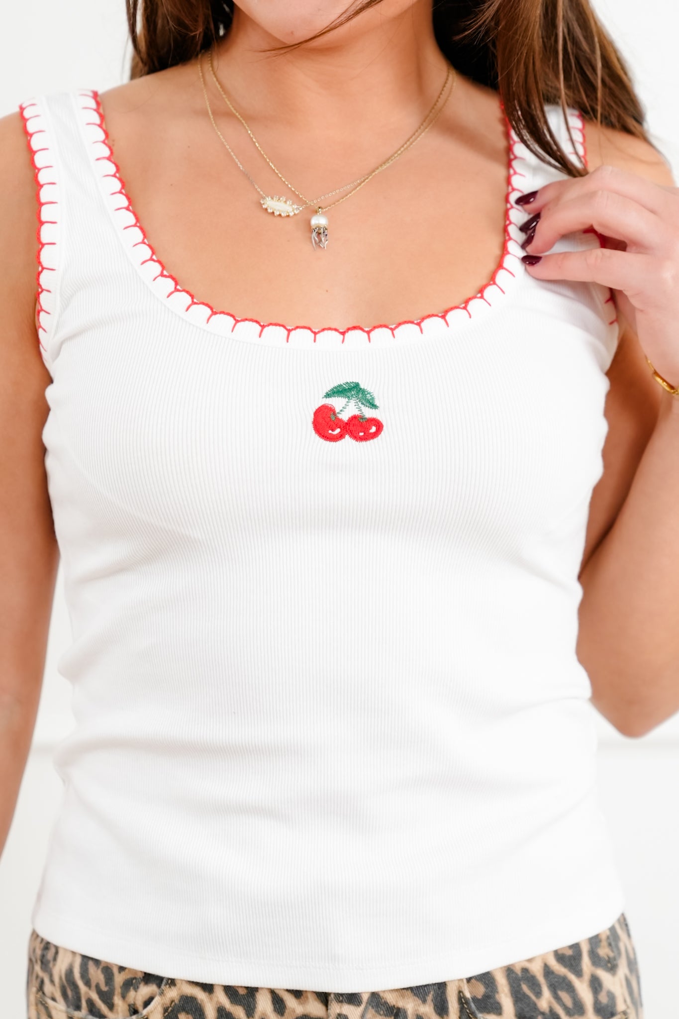 White Embroidered Cherry Tank Top