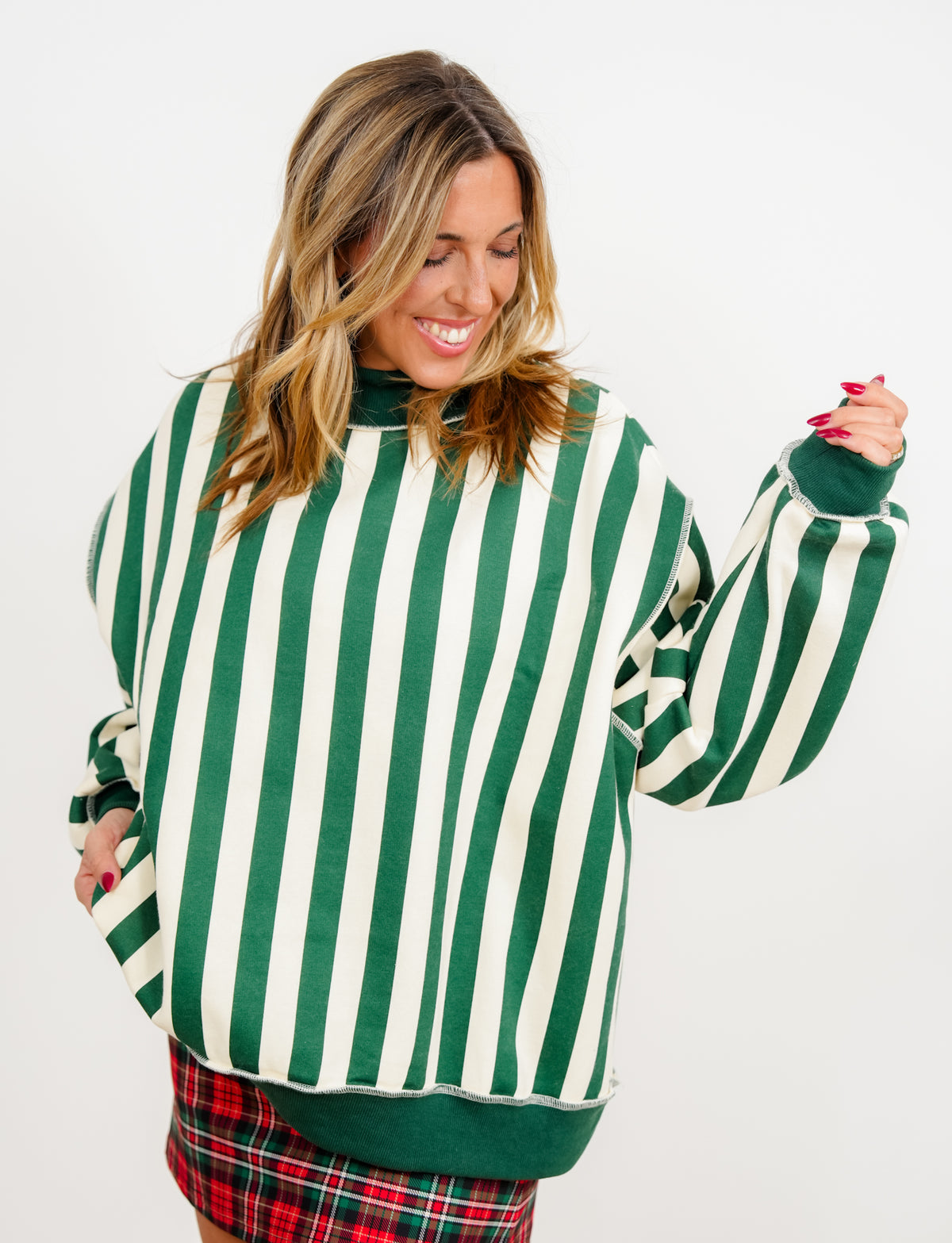 Long Sleeve Mock Neck Merry/Stripe Reversible Sweatshirt