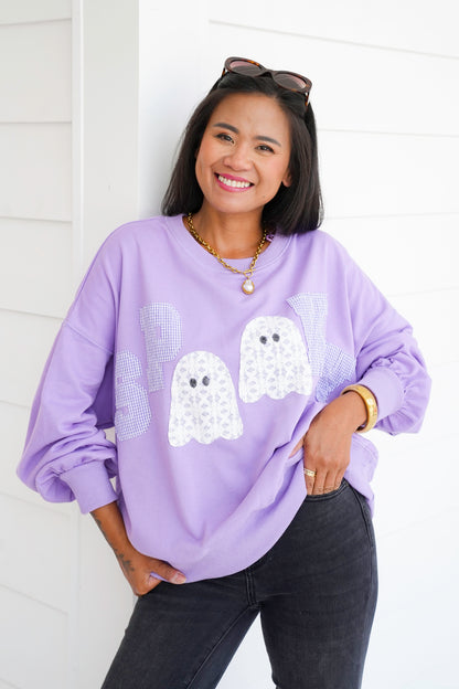 Long Sleeve Crew Neck "Spooky" Sweatshirt With Ghosts
