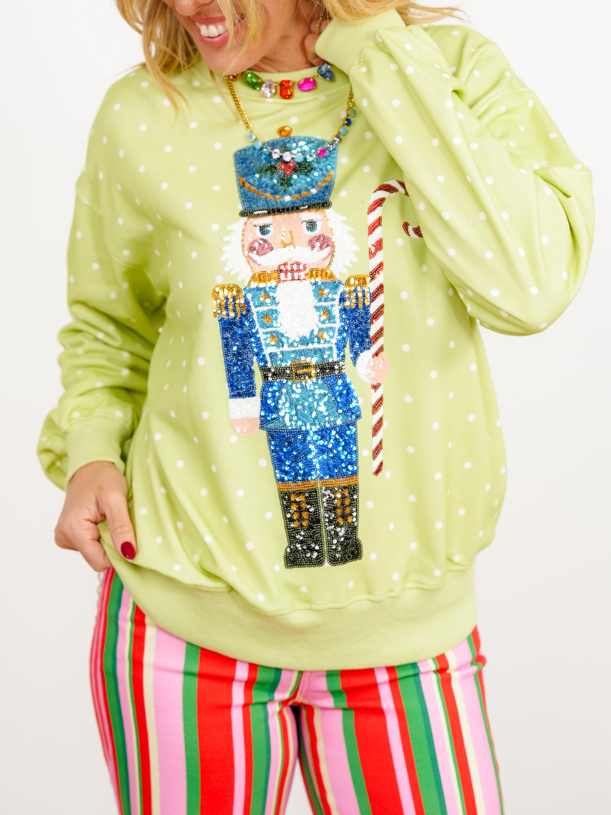 Polka Dot Sequin Nutcracker Long Sleeve Pullover Sweatshirt