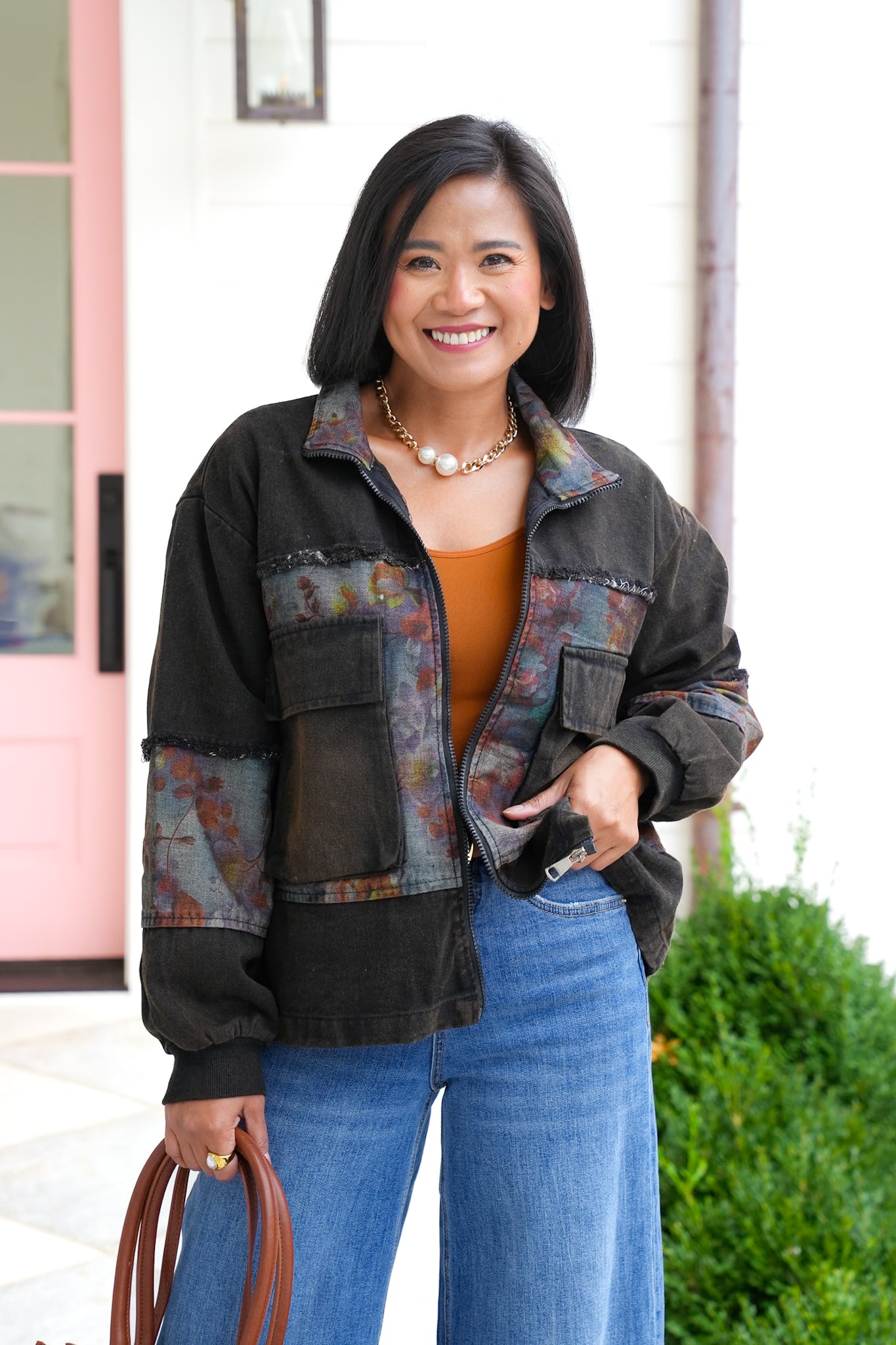 Long Sleeve Truckers Jacket with Floral Contrast