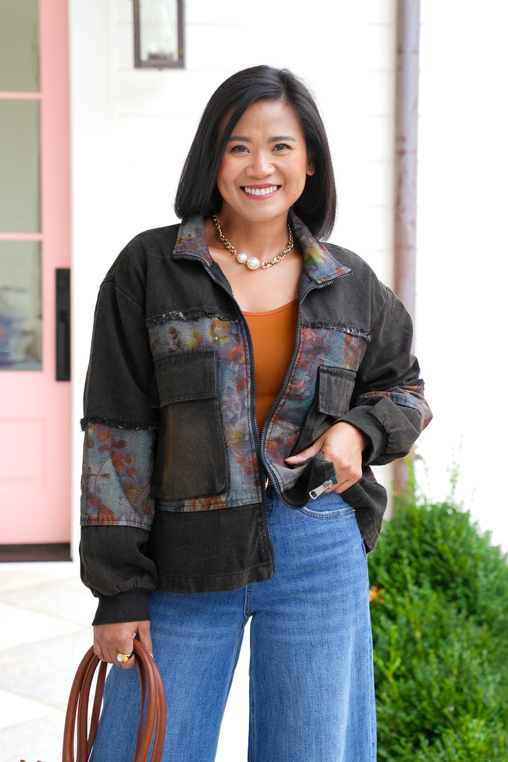 Long Sleeve Truckers Jacket with Floral Contrast