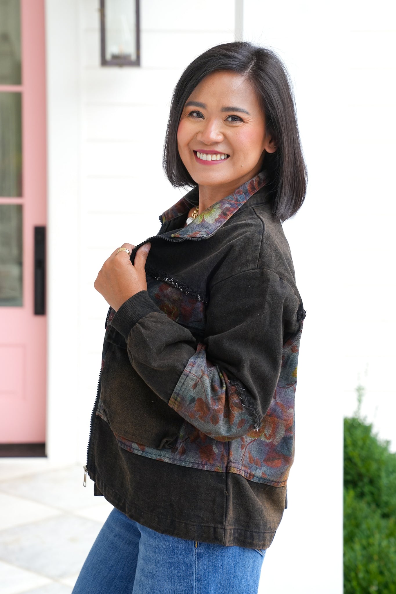 Long Sleeve Truckers Jacket with Floral Contrast