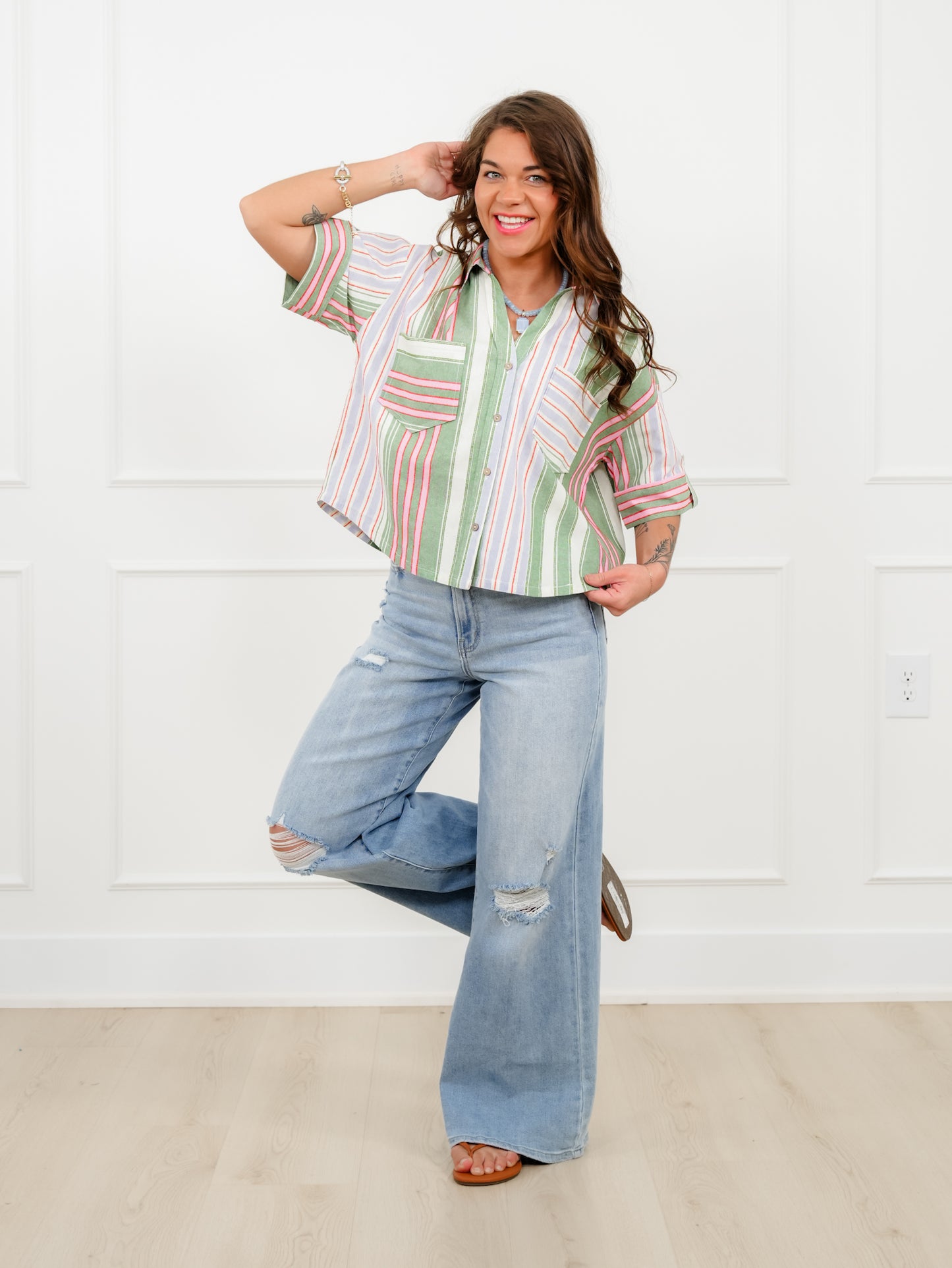 Plus/Reg Stripe Short Sleeve Button Down Top with Chest Pockets