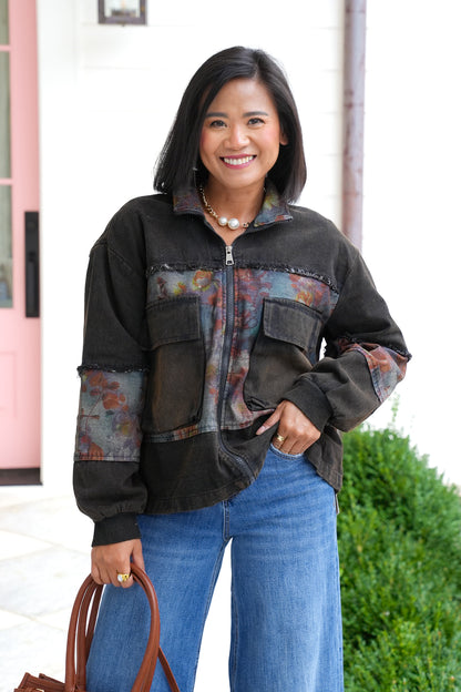 Long Sleeve Truckers Jacket with Floral Contrast