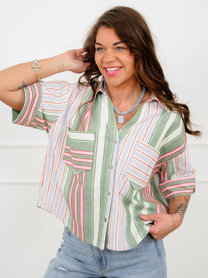 Plus/Reg Stripe Short Sleeve Button Down Top with Chest Pockets