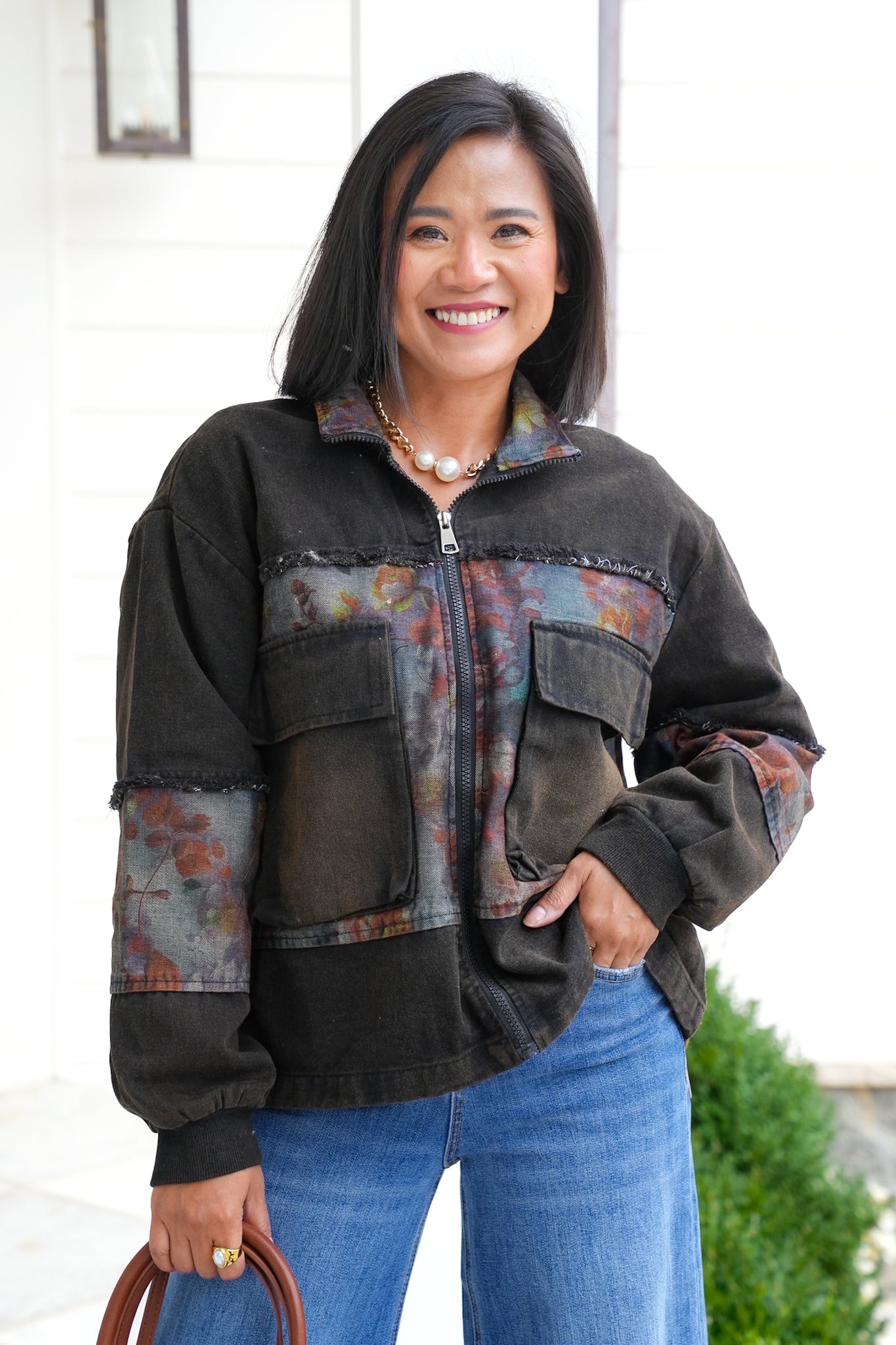 Long Sleeve Truckers Jacket with Floral Contrast