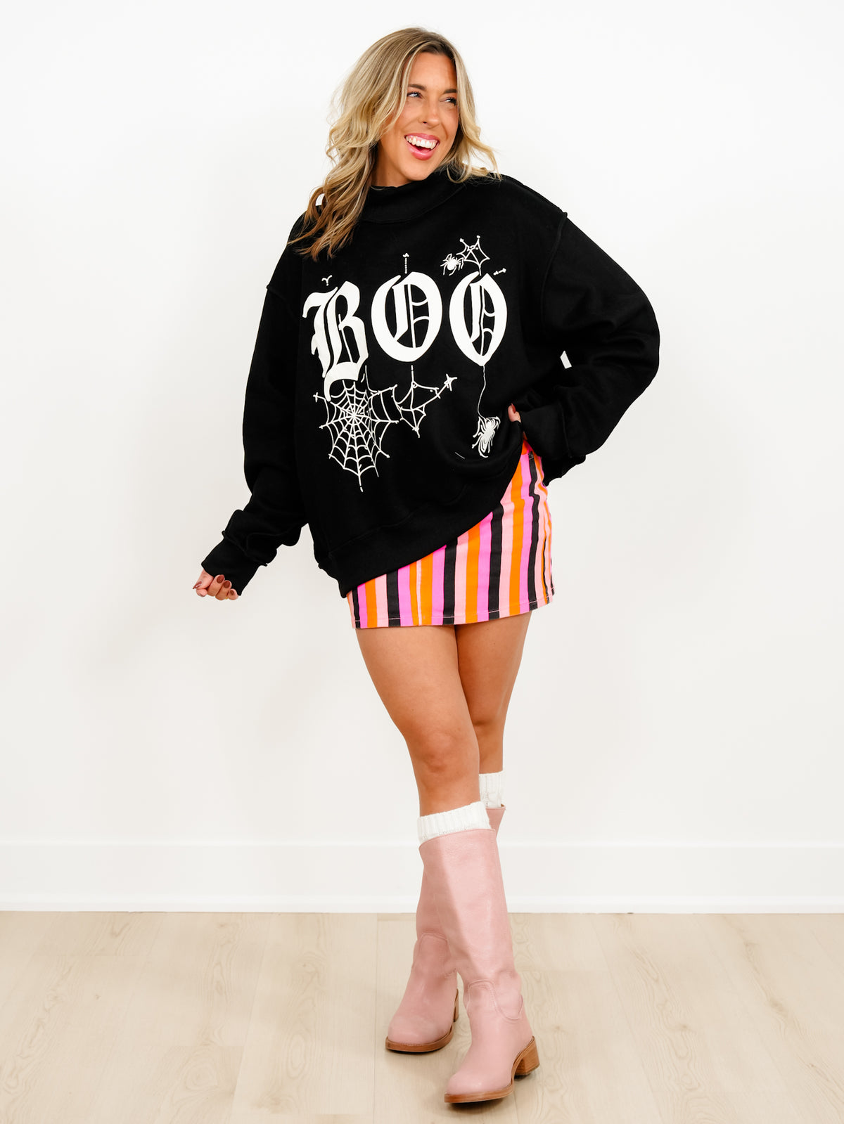 Long Sleeve Mock Neck Reversible "BOO" Halloween Graphic Sweatshirt