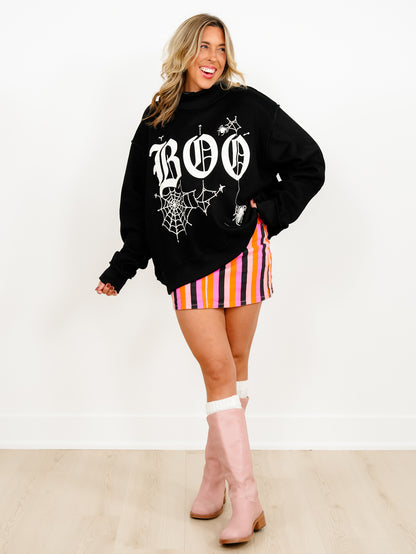 Long Sleeve Mock Neck Reversible "BOO" Halloween Graphic Sweatshirt