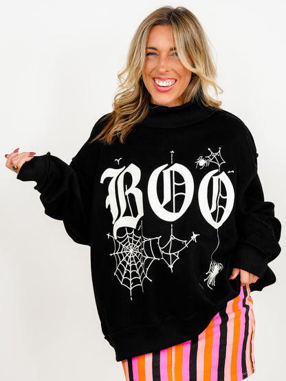 Long Sleeve Mock Neck Reversible "BOO" Halloween Graphic Sweatshirt