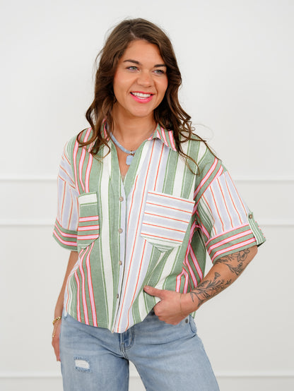 Plus/Reg Stripe Short Sleeve Button Down Top with Chest Pockets