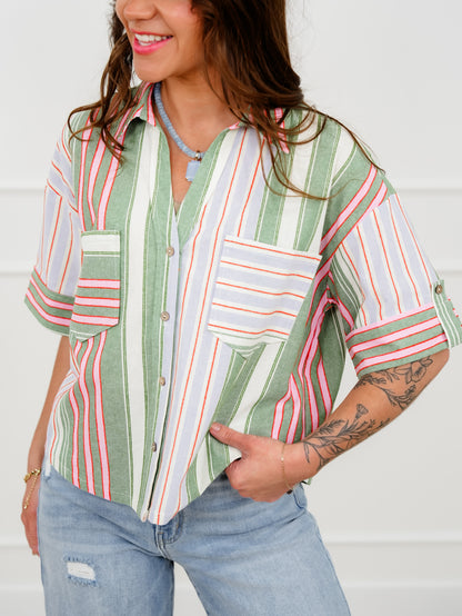Plus/Reg Stripe Short Sleeve Button Down Top with Chest Pockets