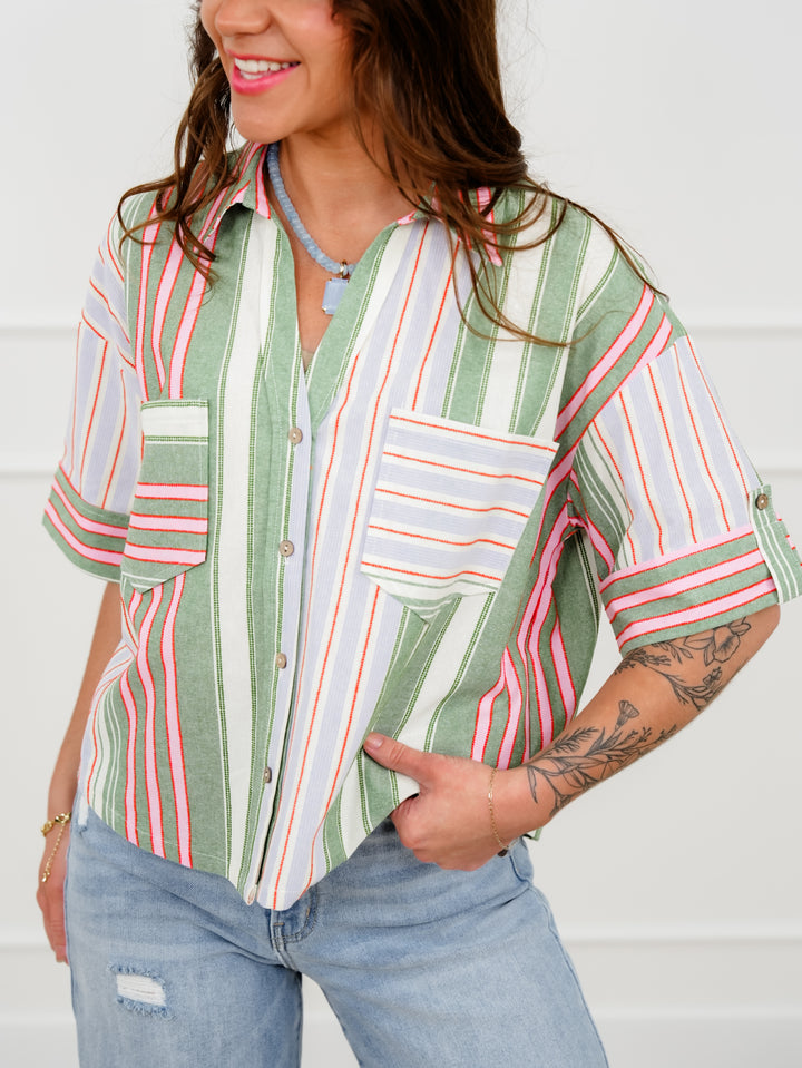 Plus/Reg Stripe Short Sleeve Button Down Top with Chest Pockets