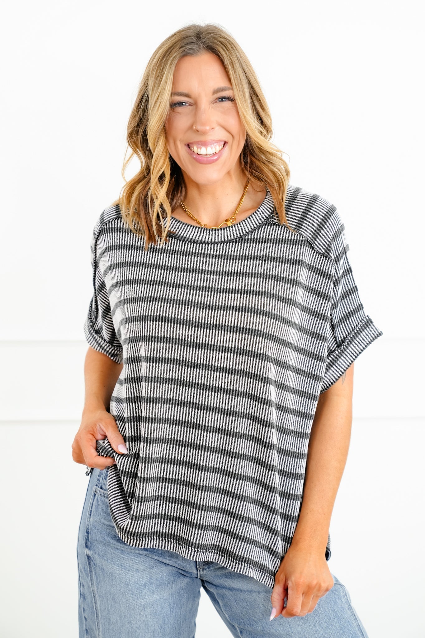 Door Buster! Zenana Raised Rib Striped Exposed Seam Top
