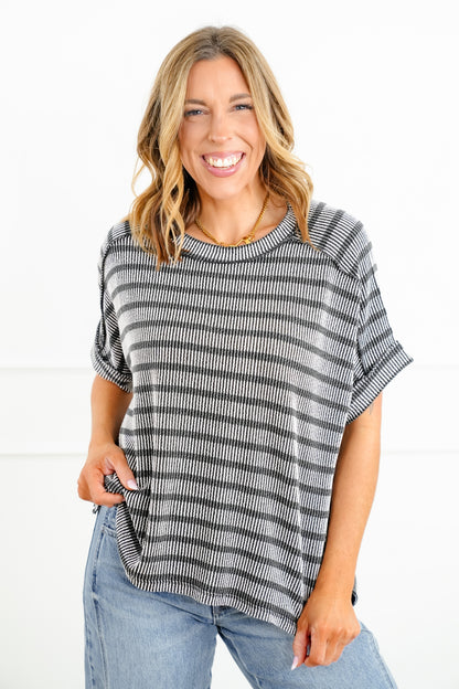 Door Buster! Zenana Raised Rib Striped Exposed Seam Top
