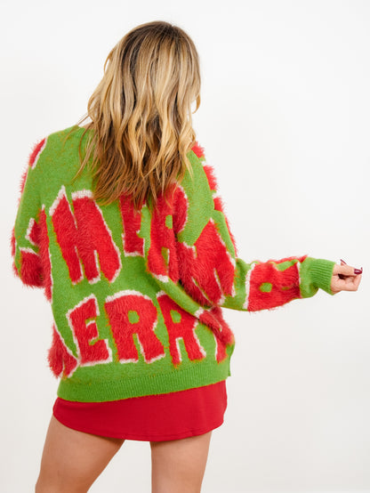 Merry Holiday Pattern Mohair Long Sleeve Sweater - Freckled Poppy