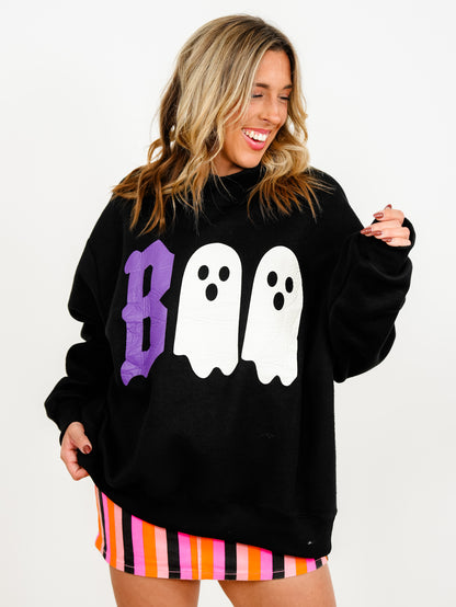Long Sleeve Mock Neck Reversible "BOO" Halloween Graphic Sweatshirt