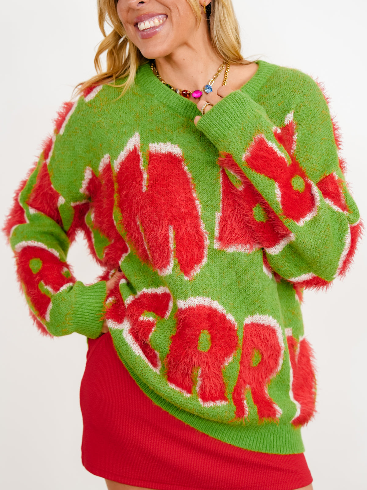 Merry Holiday Pattern Mohair Long Sleeve Sweater - Freckled Poppy