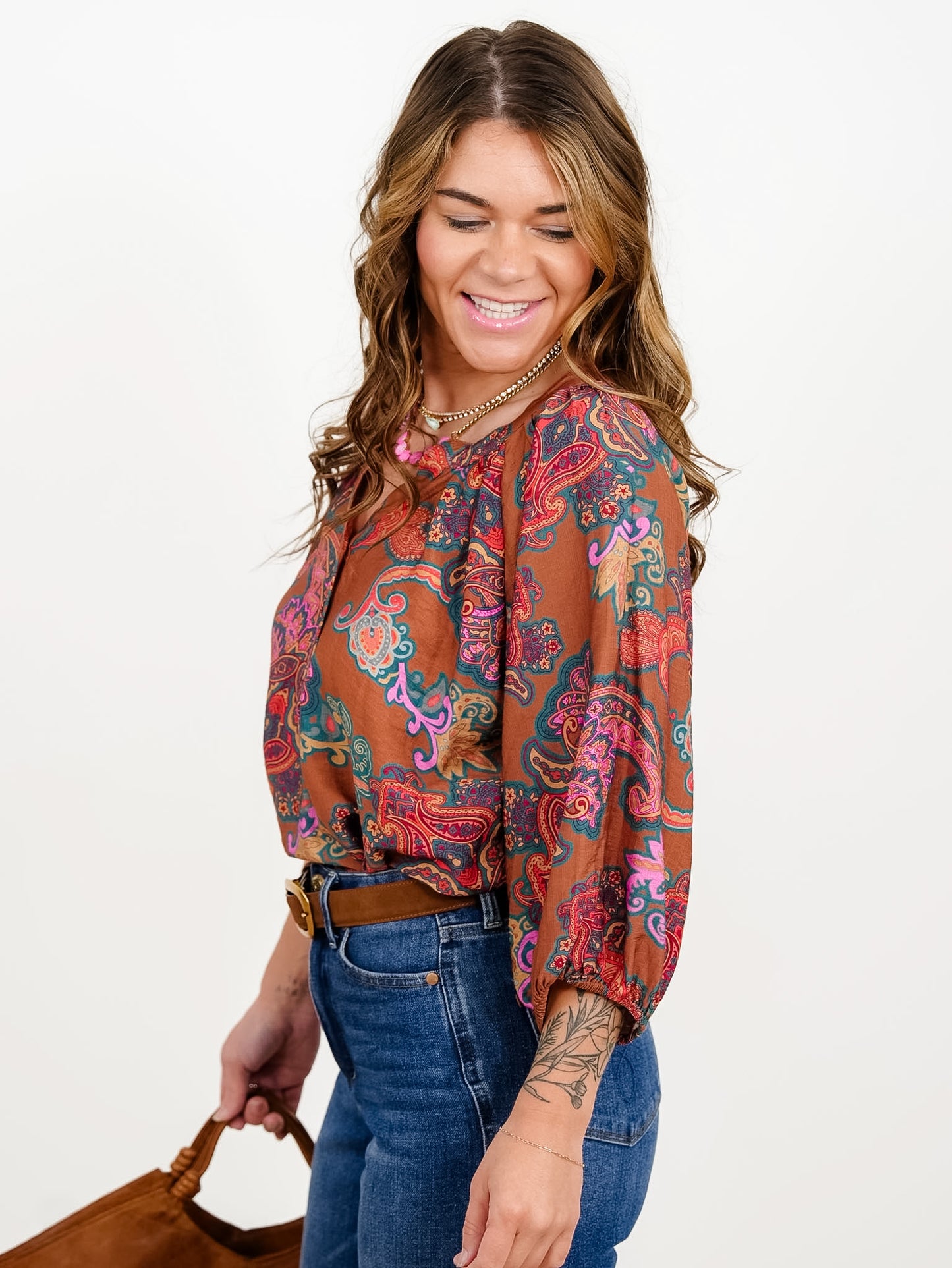 Plus/Reg Paisley Print Puff Sleeves Henley Blouse