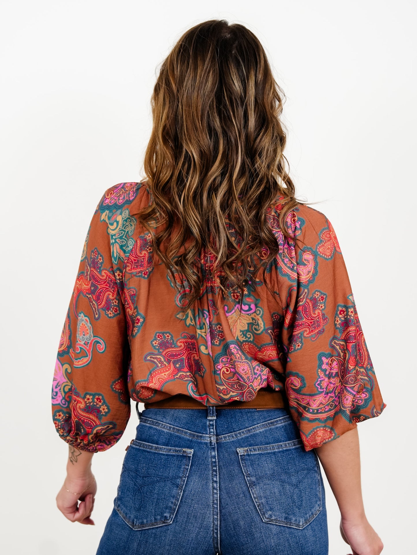Plus/Reg Paisley Print Puff Sleeves Henley Blouse