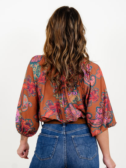 Plus/Reg Paisley Print Puff Sleeves Henley Blouse