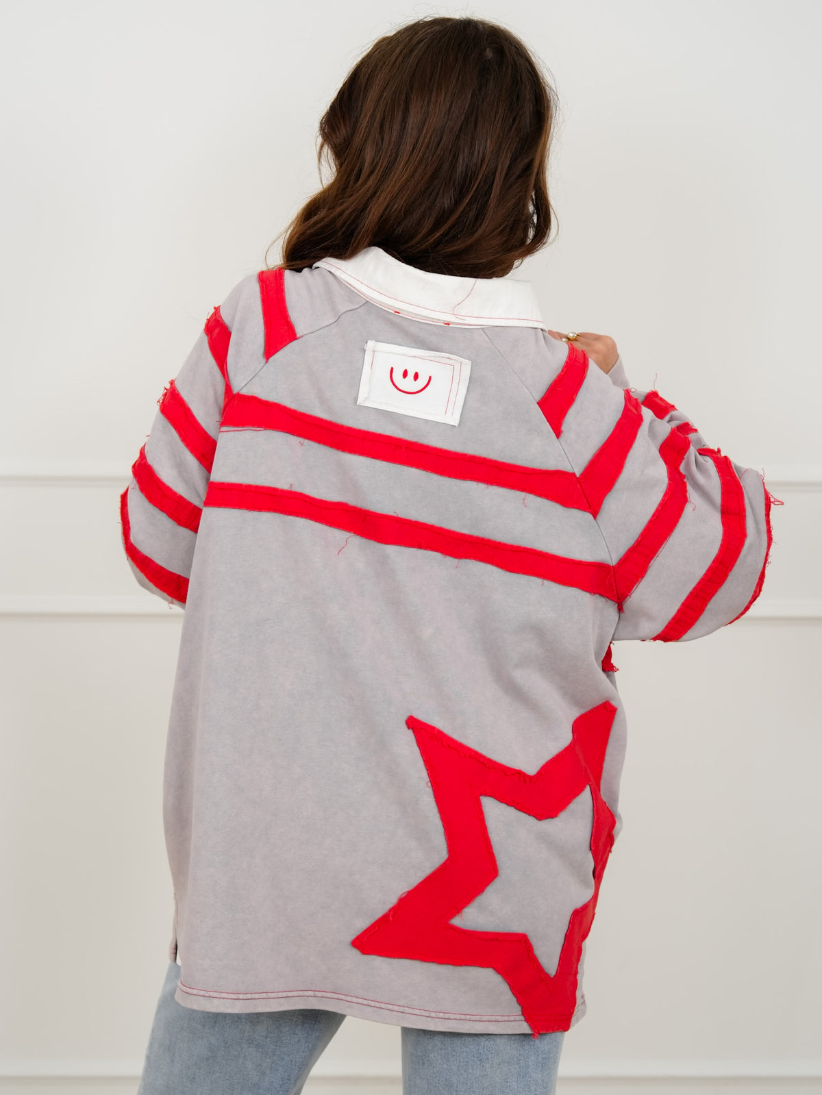Star Pattern Long Sleeve Collared Top with Side Pockets