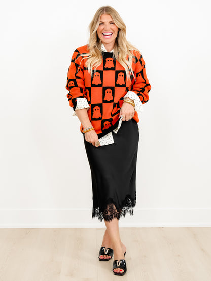 Checkered Ghost Long Sleeve Pullover Sweater