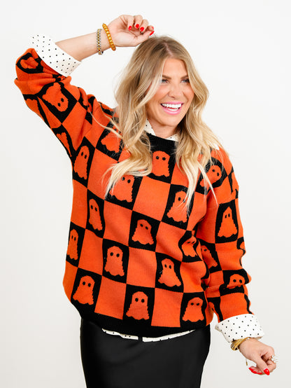 Checkered Ghost Long Sleeve Pullover Sweater