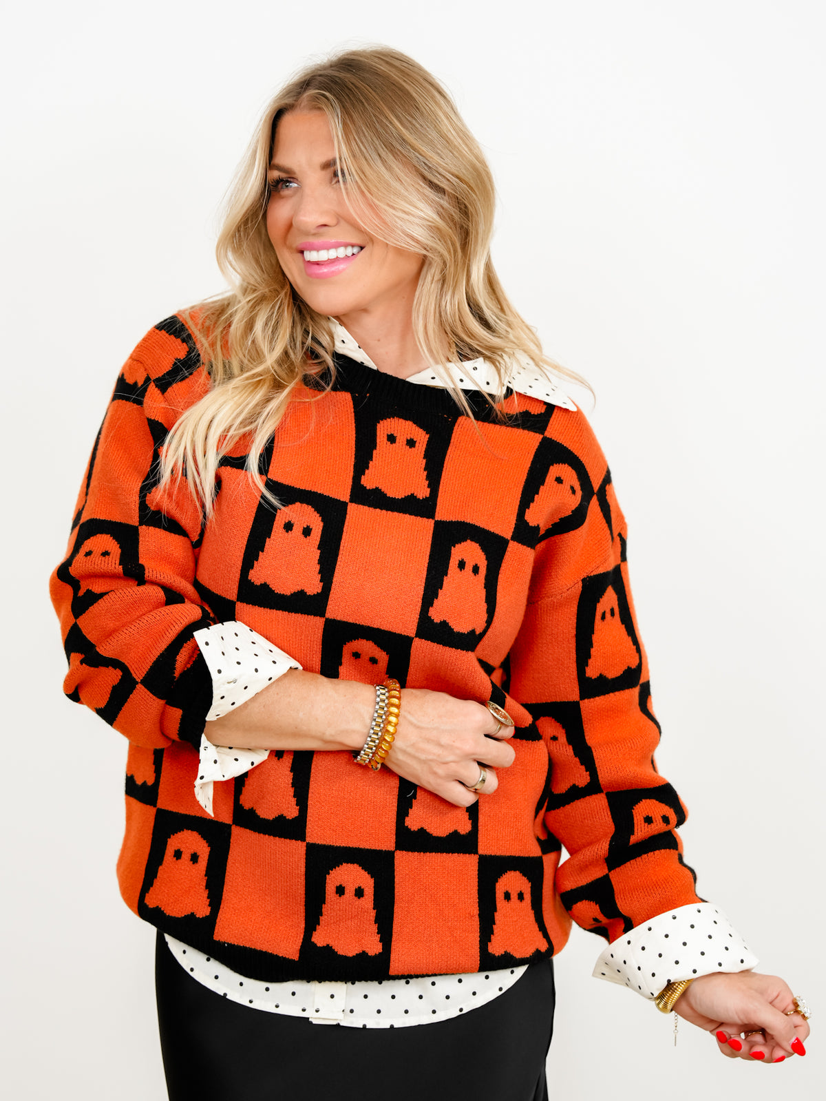 Checkered Ghost Long Sleeve Pullover Sweater
